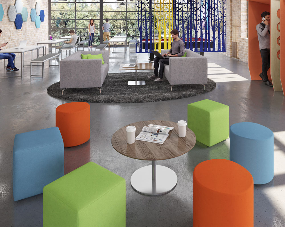 A range of upholstered stools around a small circular coffee table
