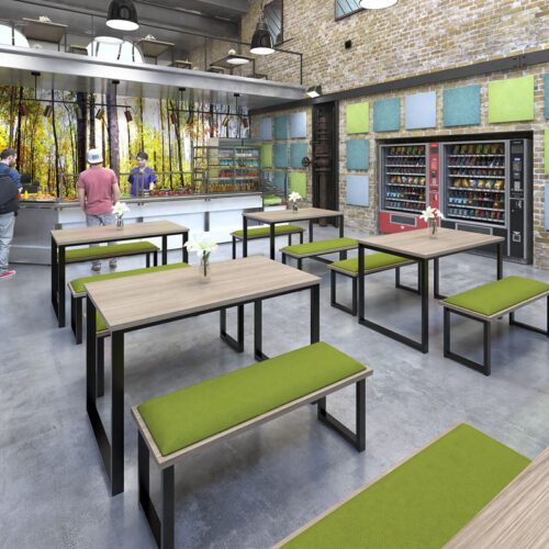 Café and bistro benches, with green fabric cushioning and rectangular dining tables, with a black sled frame
