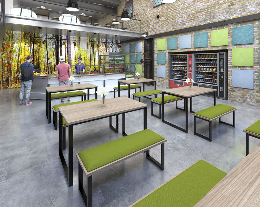 Café and bistro benches, with green fabric cushioning and rectangular dining tables, with a black sled frame