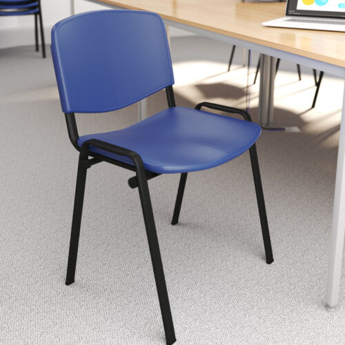 Café and bistro chairs with a black frame and blue plastic seat and back