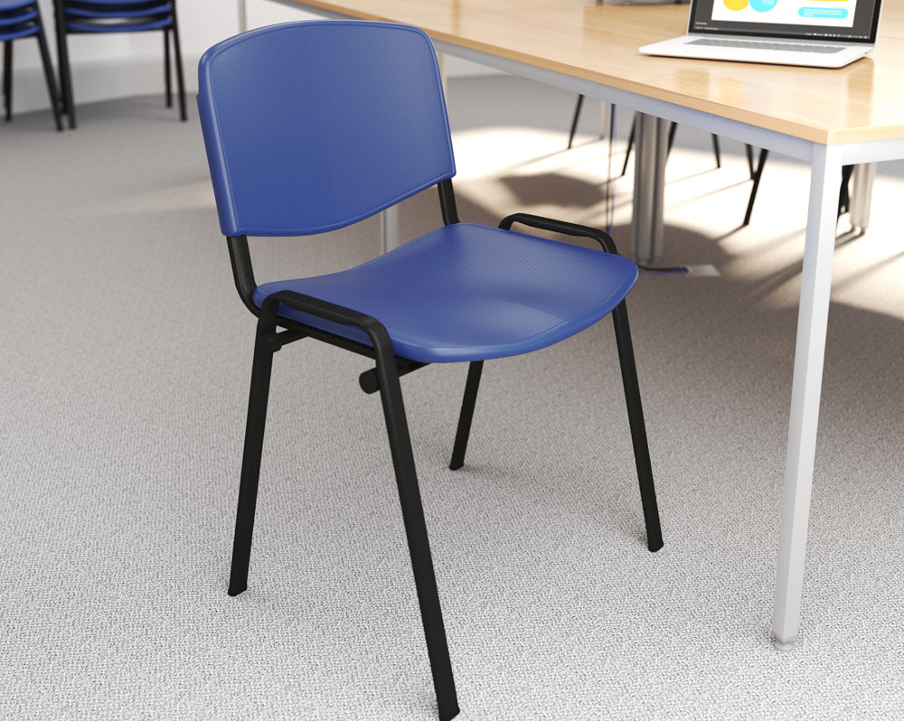 Café and bistro chairs with a black frame and blue plastic seat and back