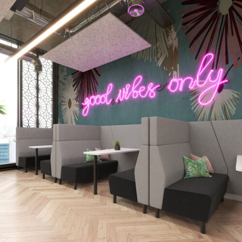 Café and bistro dining booths in grey and black fabric, in a canteen area