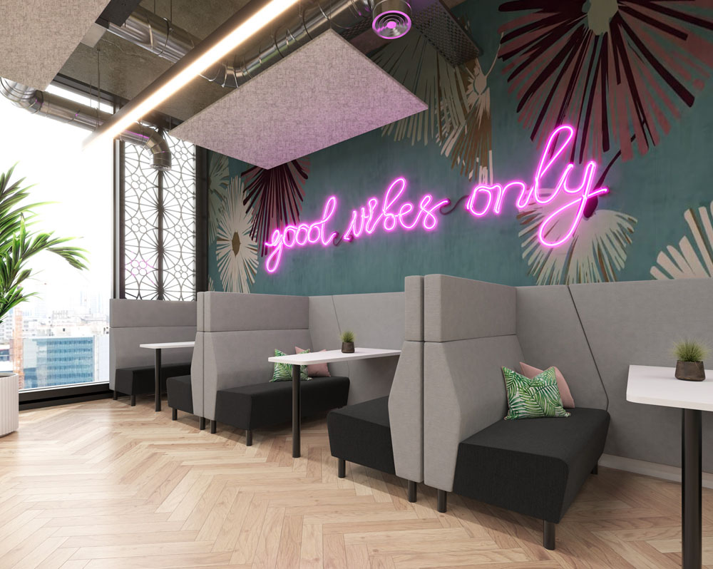 Café and bistro dining booths in grey and black fabric, in a canteen area