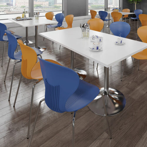 Café and bistro chairs with a one piece plastic shell in orange and in blue, around a rectangular dining table