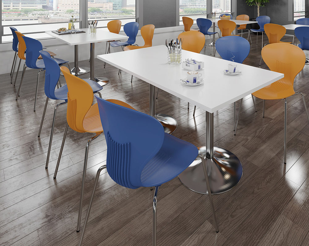 Café and bistro chairs with a one piece plastic shell in orange and in blue, around a rectangular dining table
