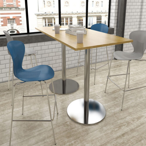 Café and bistro poseur stools with one piece shell around a rectangular poseur table