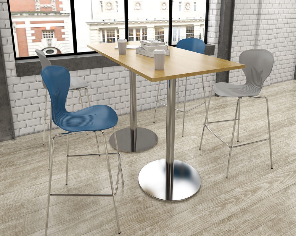 Café and bistro poseur stools with one piece shell around a rectangular poseur table