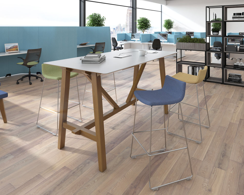 Café and bistro poseur stools with chrome sled frame, around a rectangular poseur dining table, with white top and wooden legs