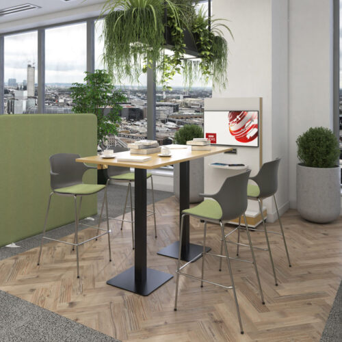 Café and bistro poseur stools with chrome legs and grey plastic shell and green fabric cushions. And a rectangular poseur table