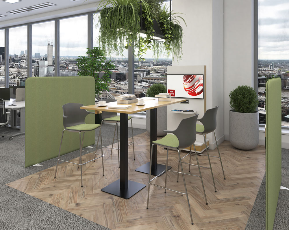 Café and bistro poseur stools with chrome legs and grey plastic shell and green fabric cushions. And a rectangular poseur table