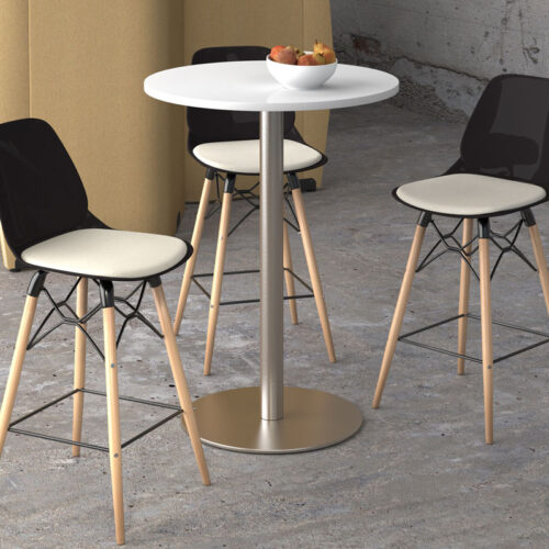 Café and bistro poseur stools with wooden legs and black fabric seat, around a circular poseur table
