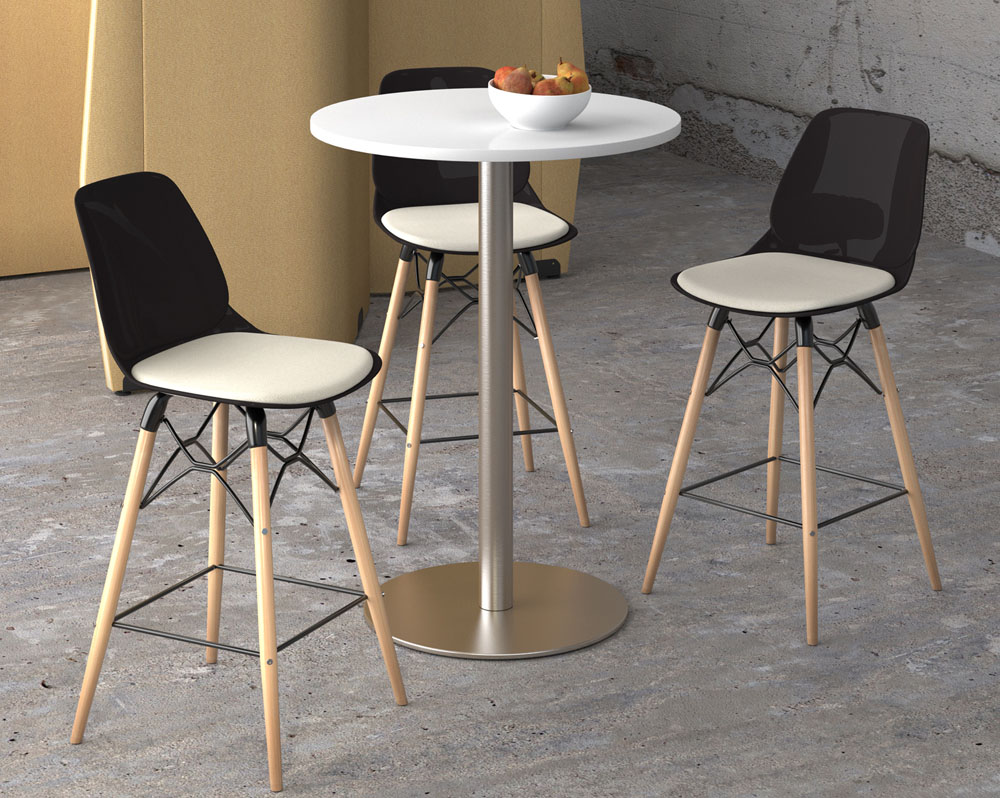 Café and bistro poseur stools with wooden legs and black fabric seat, around a circular poseur table