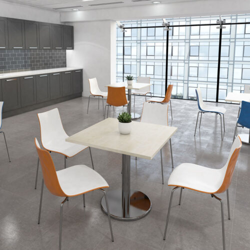 Café and bistro chairs, with a one piece, two tone shell and a square canteen table