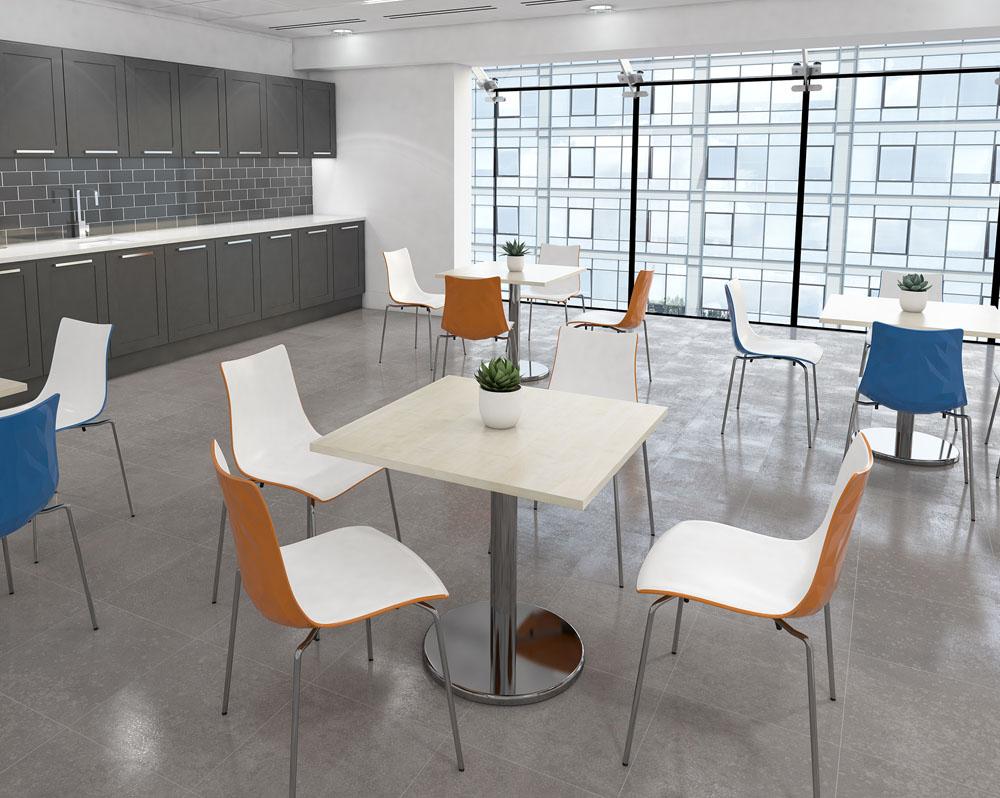 Café and bistro chairs, with a one piece, two tone shell and a square canteen table
