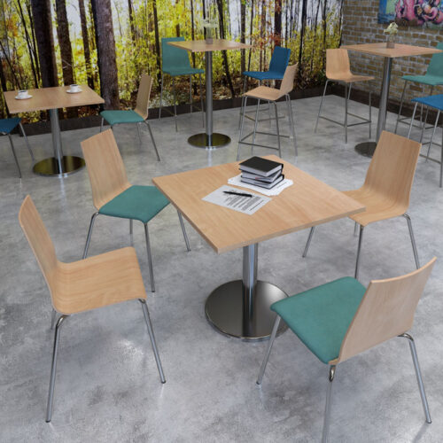 Café and bistro chairs with a wooden seat and back, with chrome legs. Around a square canteen table