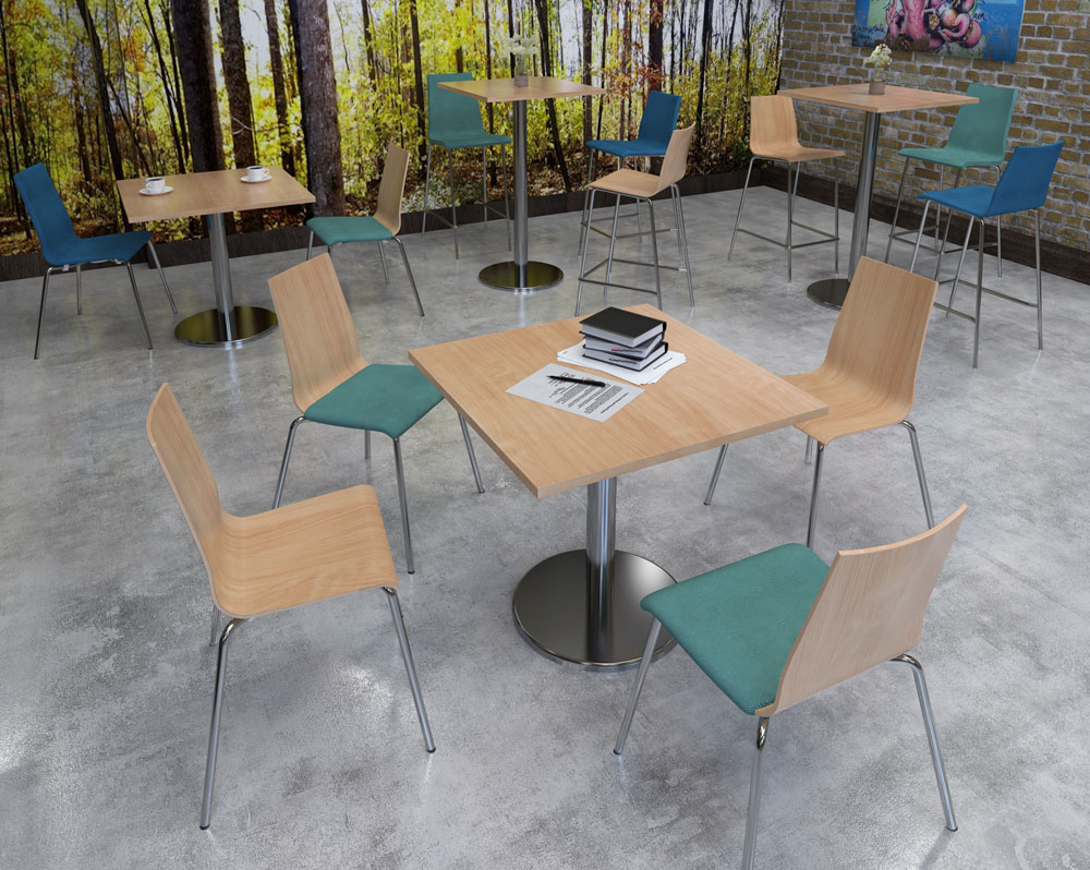 Café and bistro chairs with a wooden seat and back, with chrome legs. Around a square canteen table