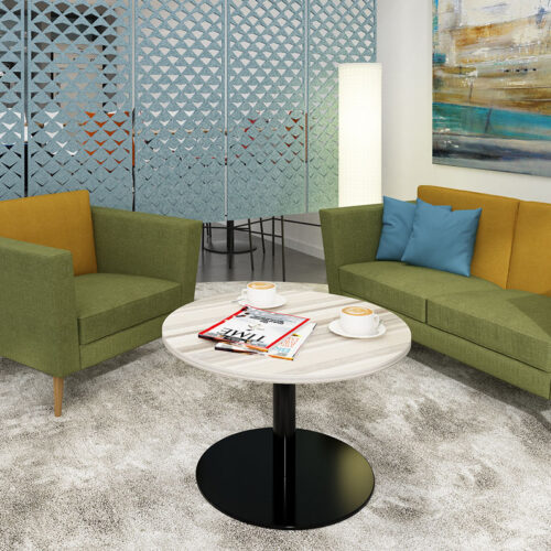 Commercial sofas in green and yellow fabric and with wooden feet