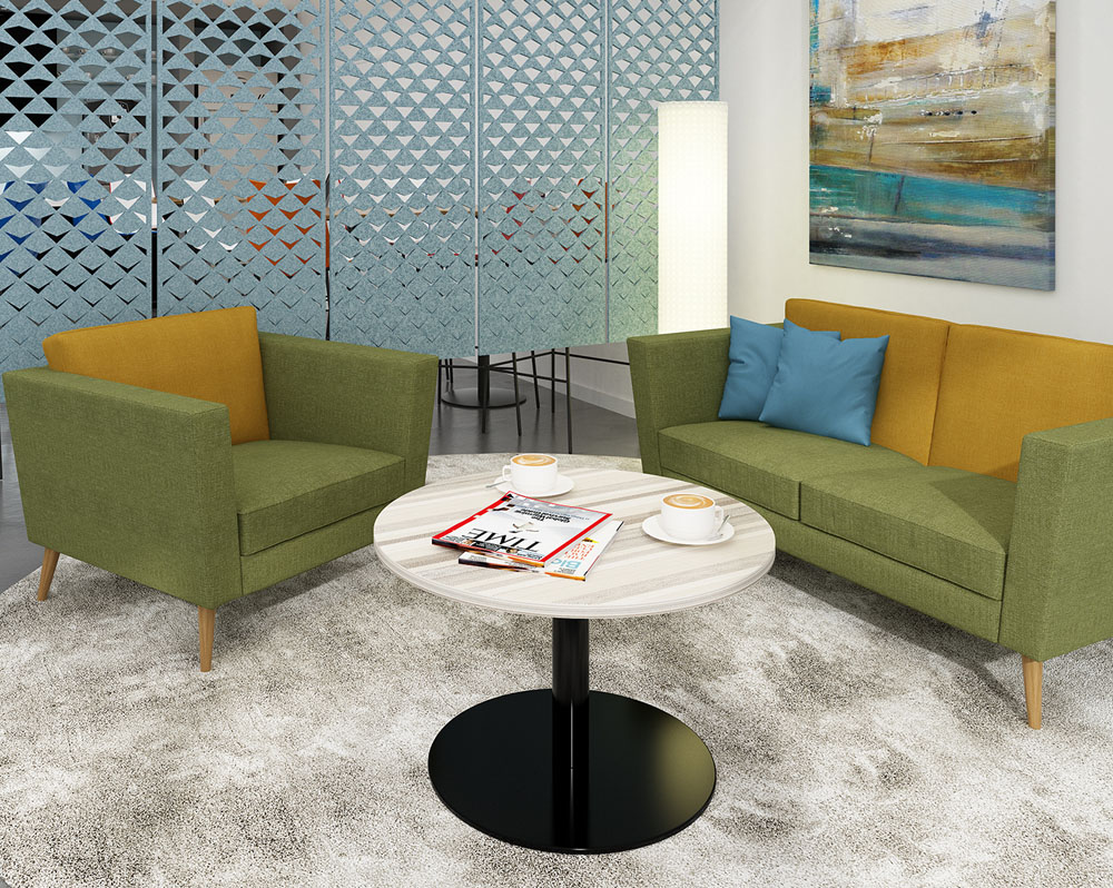 Commercial sofas in green and yellow fabric and with wooden feet
