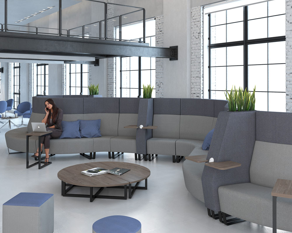 Configurable reception chairs in grey fabric, with blue cushions