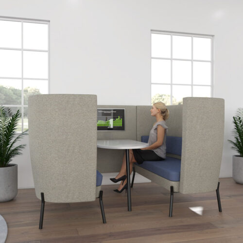 Curved meeting booth in grey and blue fabric