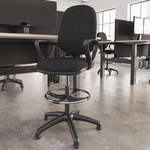 Draughtsman chairs in black fabric and with fixed arms