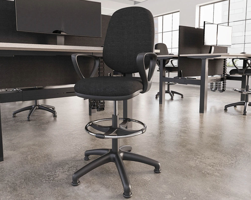 Draughtsman chairs in black fabric and with fixed arms