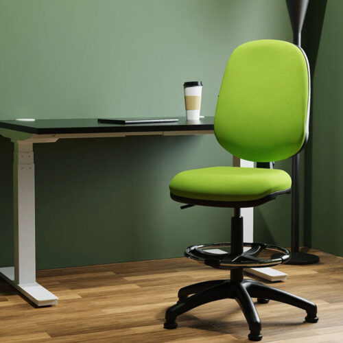 Draughtsman chairs in green fabric and no arms, at a height adjustable desk.