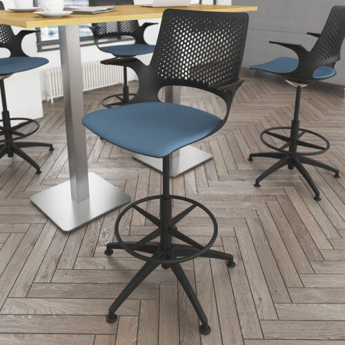 Plastic back draughtsman chairs, with green fabric seat, and a rectangular poseur height desk