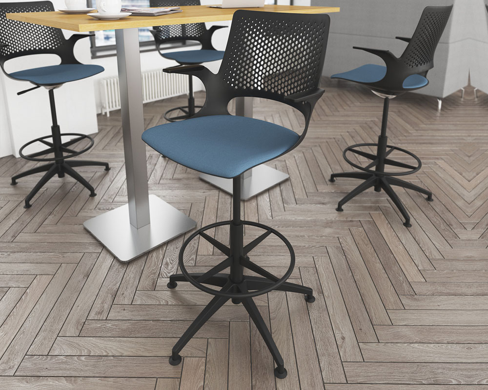 Plastic back draughtsman chairs, with green fabric seat, and a rectangular poseur height desk