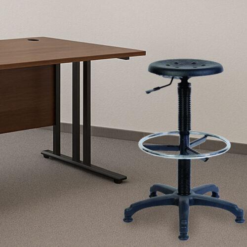 Draughtsman stool in black PU and a rectangular desk in walnut finish