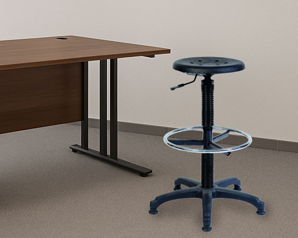 Draughtsman stool in black PU and a rectangular desk in walnut finish