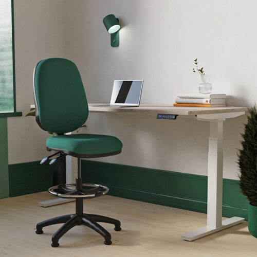 Fabric draughtsman chair in green fabric, at a height adjustable desk