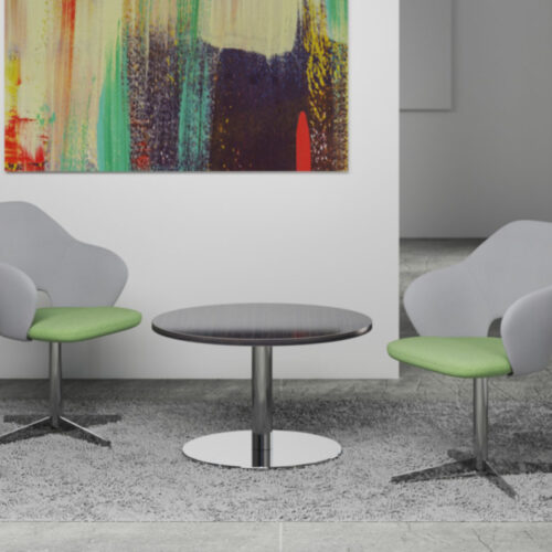 2 Fabric reception chairs in grey and green fabric around a round coffee table
