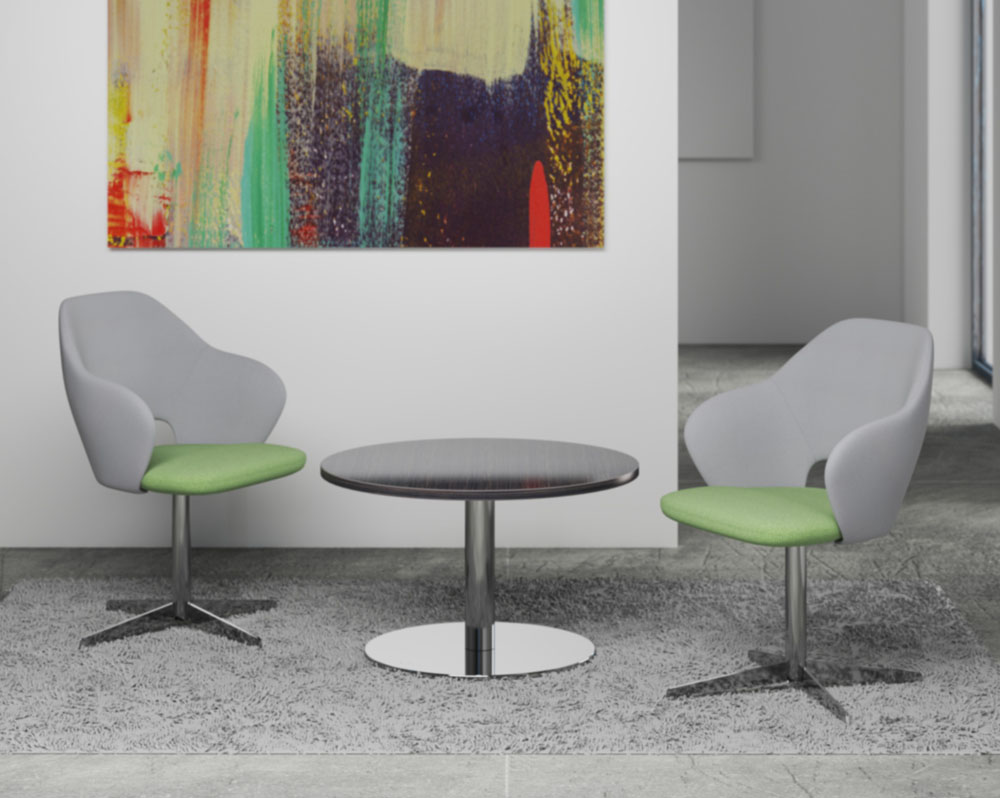 2 Fabric reception chairs in grey and green fabric around a round coffee table