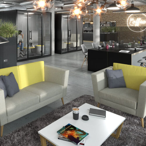 Commercial fabric sofa and armchair in grey and yellow fabric and wooden feet