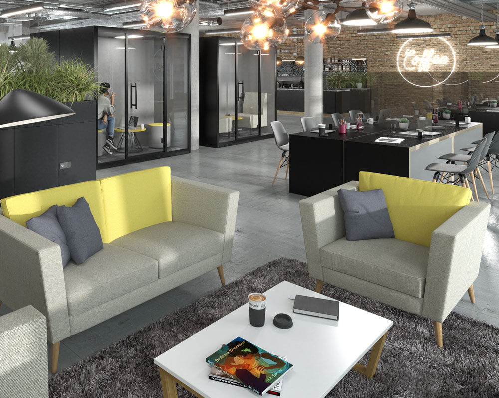 Commercial fabric sofa and armchair in grey and yellow fabric and wooden feet