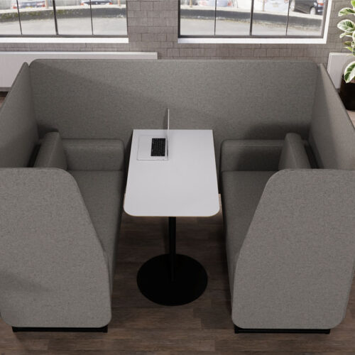 Four seater meeting booth in grey fabric, with white table