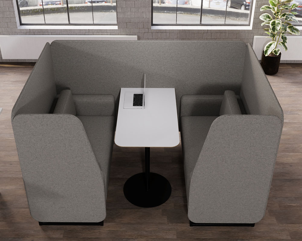 Four seater meeting booth in grey fabric, with white table