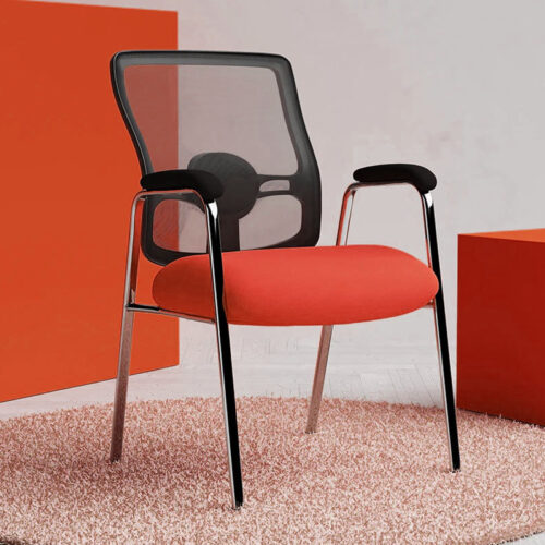 Heavy duty meeting chair with mesh back and orange fabric seat