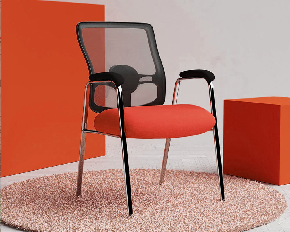 Heavy duty meeting chair with mesh back and orange fabric seat