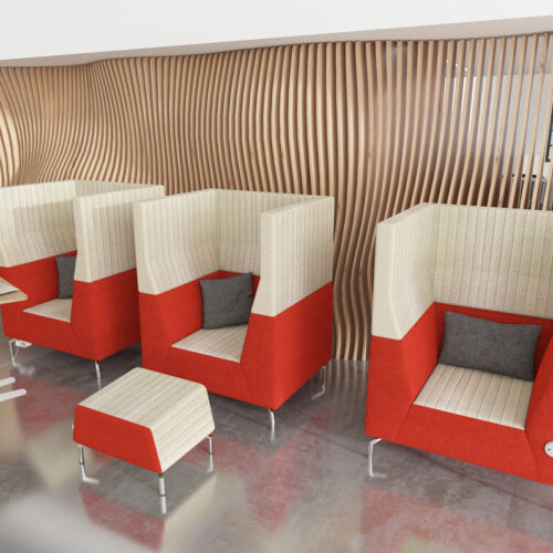 High back breakout chairs in red and cream fabric