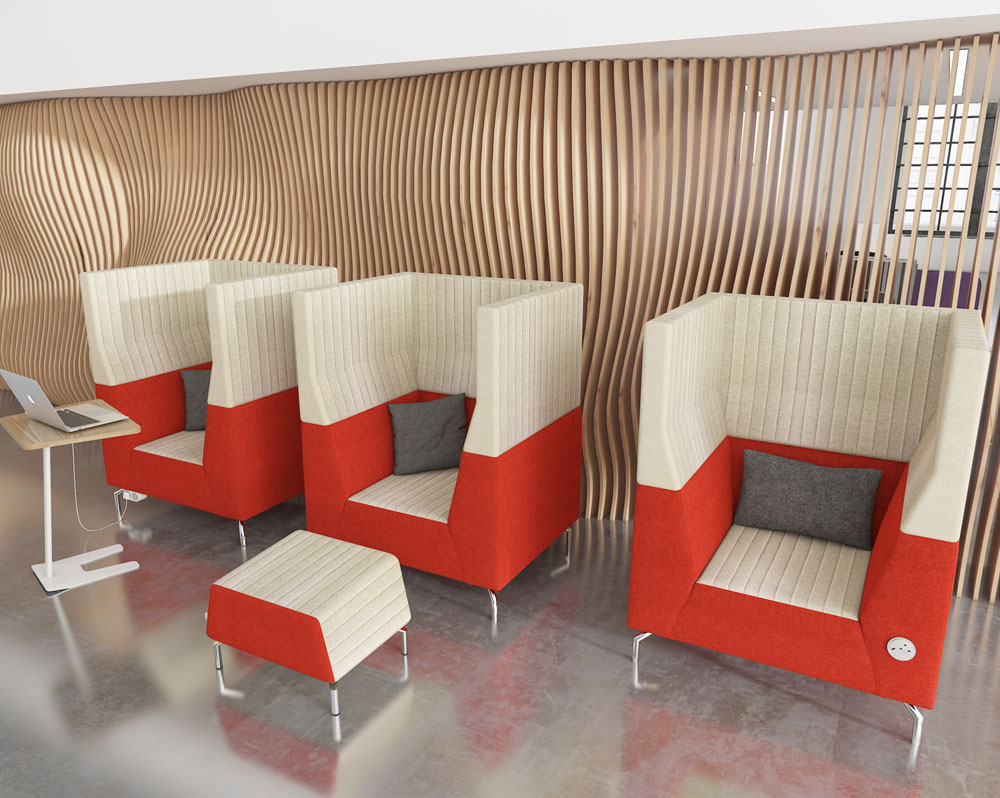 High back breakout chairs in red and cream fabric