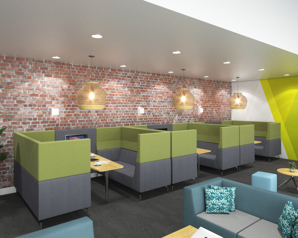 Meeting Booths with high back and sides, in green and grey fabric