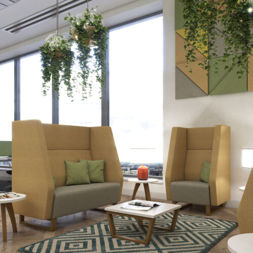 Two high back reception chairs and sofas in yellow and grey fabric