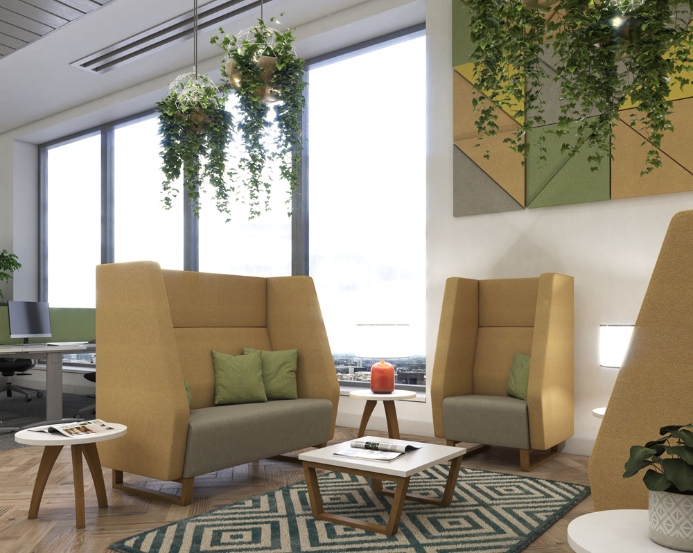 Two high back reception chairs and sofas in yellow and grey fabric
