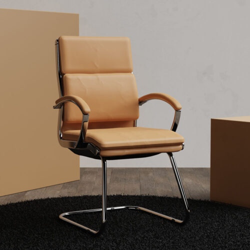 Home office cantilever chair in tan leather and chrome frame