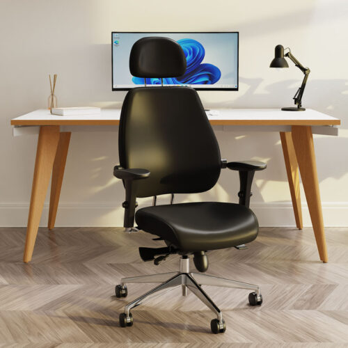 Ergonomic home office chair, with headrest in Black and home office desk