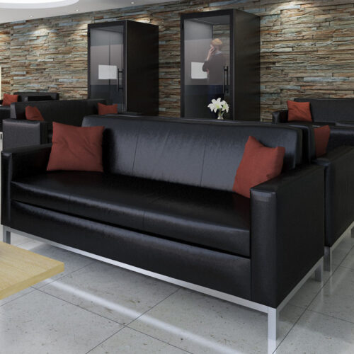 Commercial leather sofa in black, with silver metal feet