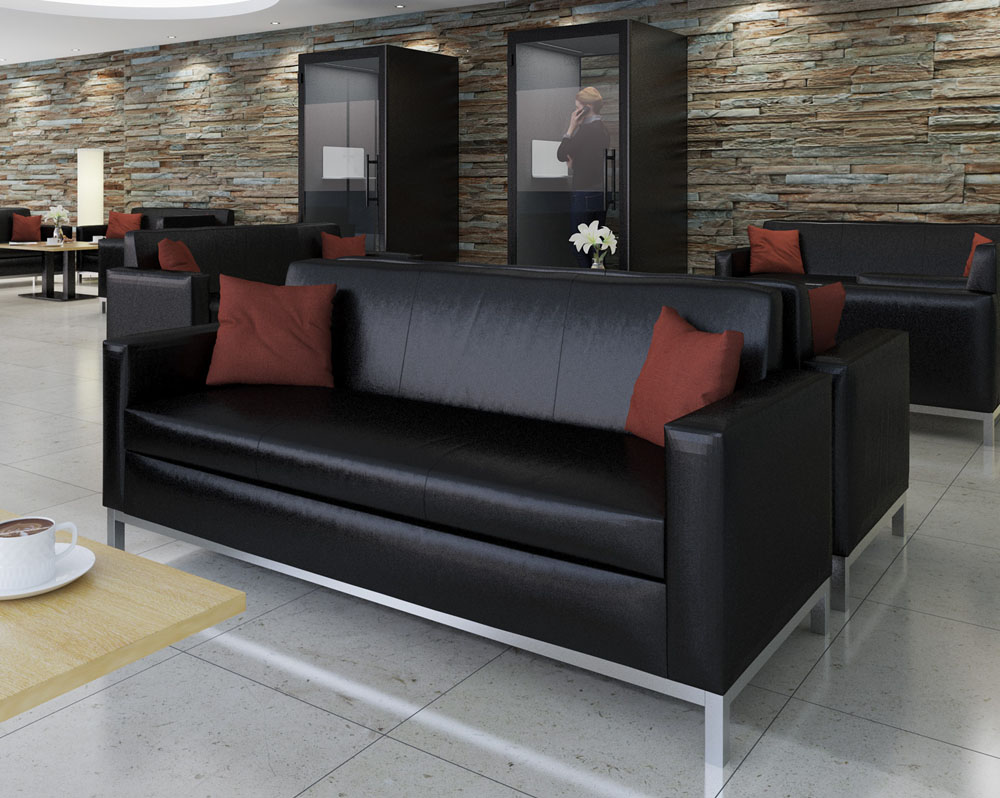 Commercial leather sofa in black, with silver metal feet