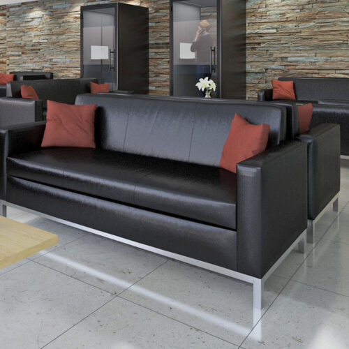 Black leather reception chairs in a reception